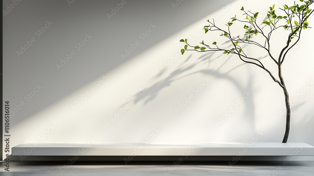 Poster minimalist modern interior design with a small tree casting a shadow on a white wall and a white ben