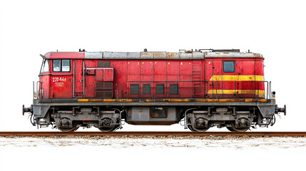 Obraz premium Red old vintage retro classic historic locomotive train on railway railroad isolated on white background. transportation and travel steel track line, industry, perspective, journey.