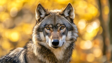 Obraz premium A wolf looks to the side with a blurred forest background.