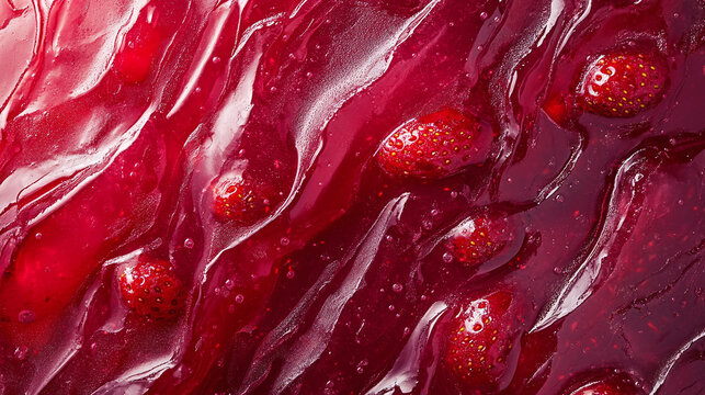 Red fruit jam texture closeup. macro sweet organic delicious homemade jelly marmalade liquid, healthy tasty berry dessert, strawberry cooking syrup, juicy gelatin.