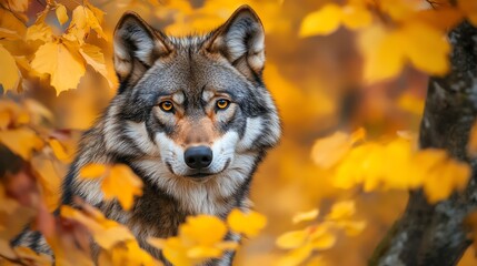 Obraz premium A wolf with piercing eyes stares intensely at the camera from behind a bush of orange leaves.