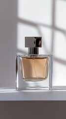 Transparent perfume bottle sitting on white surface with window shadow