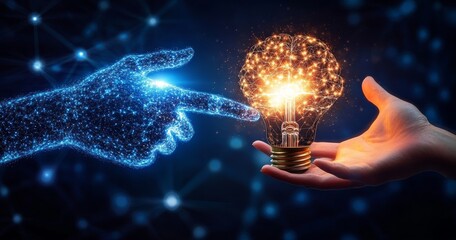 Surreal Connection between Human and AI Hands with Glowing Bulb and Brain in Digital Network