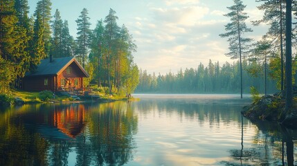 Naklejka premium Tranquil Cabin by Serene Lake in a Forest Setting