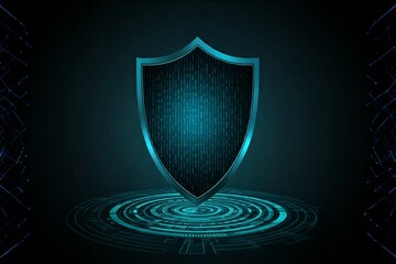 Fototapeta premium Digital shield with binary code on a futuristic interface, representing cybersecurity.