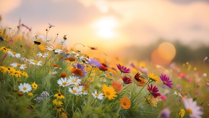 Vibrant Wildflowers Blossom at Sunset