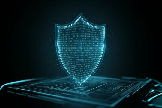 Digital shield with binary code on a futuristic interface, representing cybersecurity.