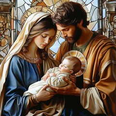 Holy Family Art Representation With Jesus Mary Joseph In Stained Glass Window © zhuan