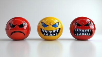 Obraz premium Three Colorful Expression Balls Representing Different Emotions like Anger, Frustration, and Discontent in a Playful and Engaging Manner for Creative Projects