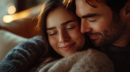 Romantic Couple Embracing on Cozy Couch