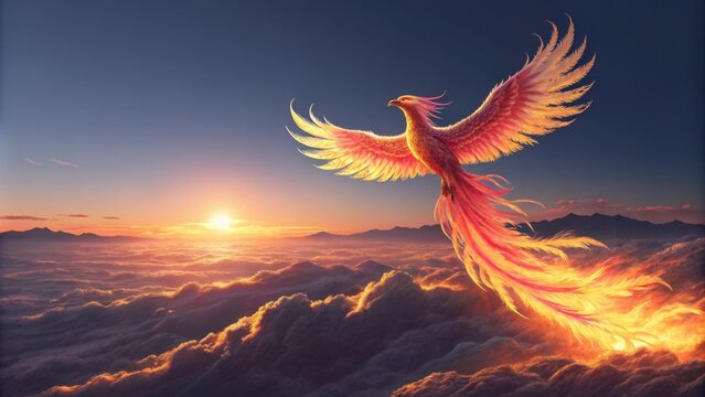 Awakening the Sky A majestic phoenix soars above rolling waves of golden clouds its wings vibrant and alive. As the sun climbs higher the sky transforms from deep navy blue to