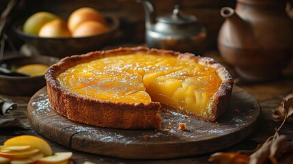 Rustic Kitchen with Moist Apple Tart Surrounded by Kitchen Items