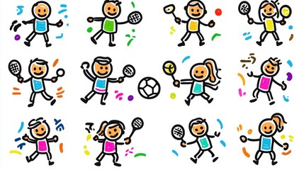 Colorful Illustrations of Children Engaged in Various Sports Activities, Featuring Tennis, Badminton, Soccer, and Playful Movements with Energetic Expressions