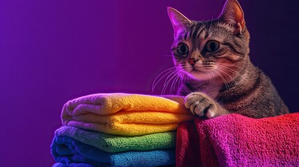 Curious cat sitting on colorful towels under purple lighting, focus on domestic cleaning concept