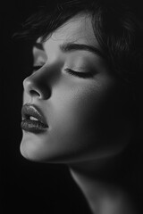 Close-up portrait of a serene young woman with closed eyes, showcasing beautiful features and soft, natural makeup. Black and white photography emphasizing elegance.