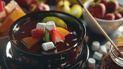 Hyperrealistic close-up of a decadent chocolate fondue with fruits and marshmallows
