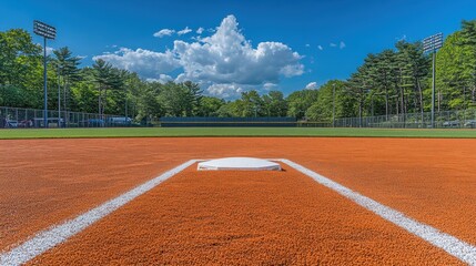 Photography of a Bright Blue Sky Over a Baseball Field with Green Trees and Clear White Clouds in the Background on a Sunny Day in the Summer