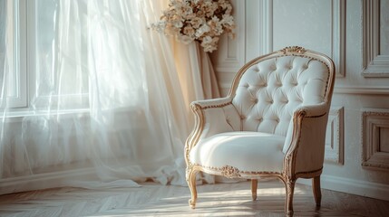 Elegant White Armchair in Bright Room with Flowers