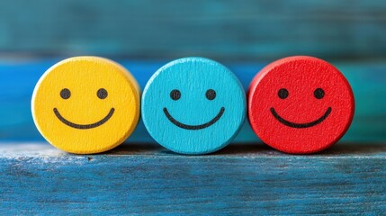 Cheerful wooden smiley faces in bright colors on a rustic wooden background, conveying happiness, joy, and positivity, ideal for cheerful designs and creative projects.