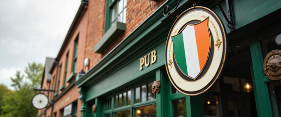 Irish pub facade with tricolor flag sign