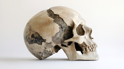 A surreal and thought-provoking illustration titled "Civilization Within the Skull," depicting a miniature world inside a human skull. The skull is intricately detailed, with tiny buildings, roads