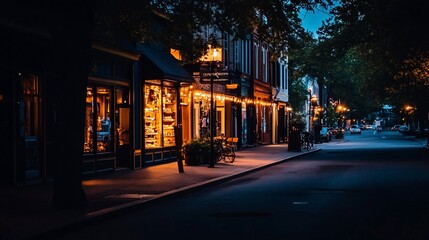 Obraz premium Evening street scene with illuminated shops and trees.