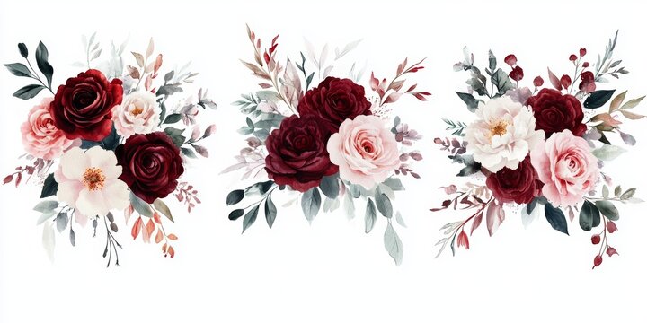 Watercolor Floral Bouquet Collection Deep Red Roses Soft Pink Peonies Green Leaves Wedding Invitations Stationery Decor