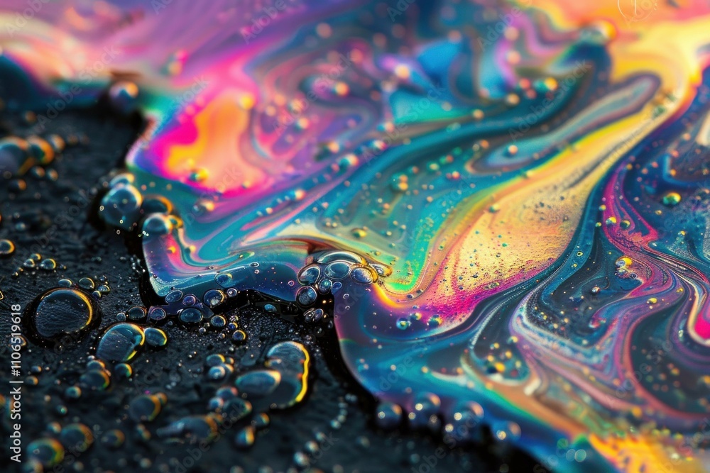 Poster colorful abstract liquid with bubbles creating a mesmerizing swirling pattern on a dark surface, sho