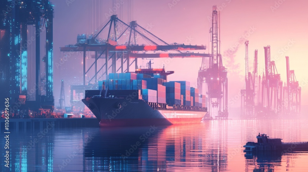Poster a large container ship is docked at a bustling port, surrounded by towering cranes and cargo contain