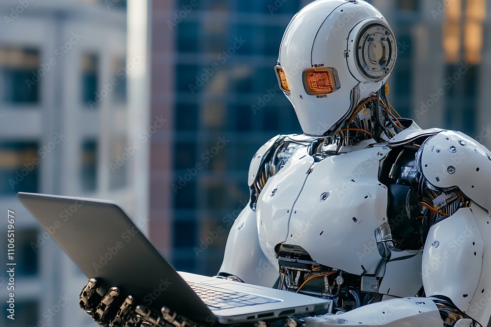 Poster robot working on laptop. concept of artificial intelligence, future technology, and automation.