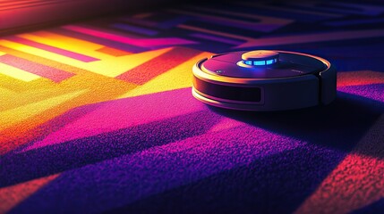 Autonomous robotic vacuum cleaner on modern carpet with vibrant lighting for efficient house cleaning concept