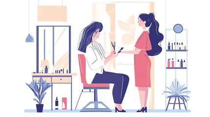 A woman sits in a chair and talks to a hairdresser.