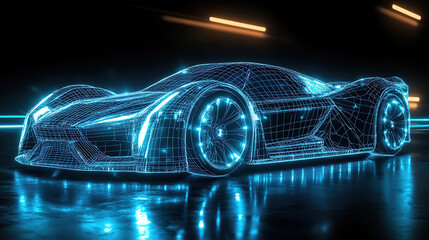 A wireframe hologram of an Indy car on the track, glowing blue lights, speed and motion, detailed racing wheels with low-profile tires