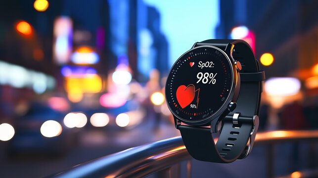 Close-up of a fitness smartwatch displaying heart rate and oxygen levels against a blurred city nightlife background. - Powered by Adobe