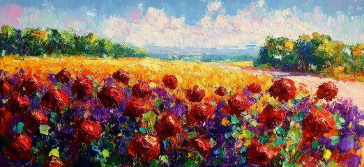 Vibrant Impressionist Landscape Painting of a Winding Road through Sunlit Yellow Fields and Lush Green Plants