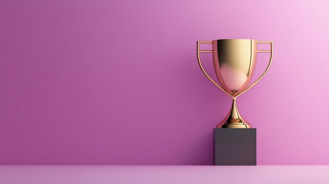 Golden trophy on a dark gray pedestal against a vibrant pink background.
