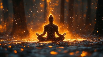 Obraz premium Serene Meditation in an Enchanted Forest with Glowing Sparks and Ethereal Light Creating a Calming Atmosphere for Peace and Tranquility
