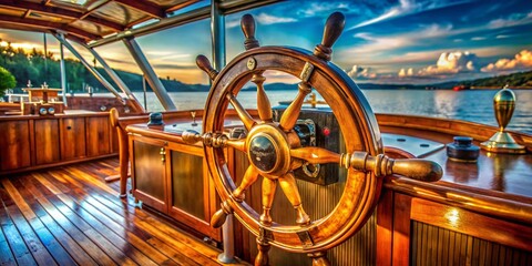 Obraz premium Architectural Photography of a Large Boat's Steering Wheel Capturing the Intricate Design and Structure of Nautical Elements in a Marine Environment