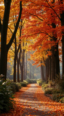 Naklejka premium Enchanting Autumn Forest Path with Fallen Orange Leaves Creating Natural Woodland Walkway
