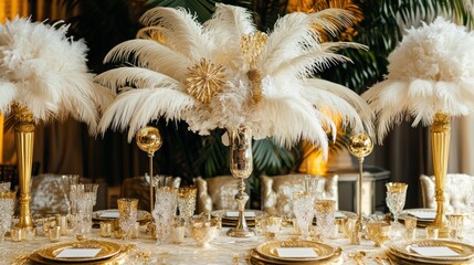 Vintage-inspired Gatsby New Year's celebration featuring lush feather decorations, gold detailing, and art deco designs