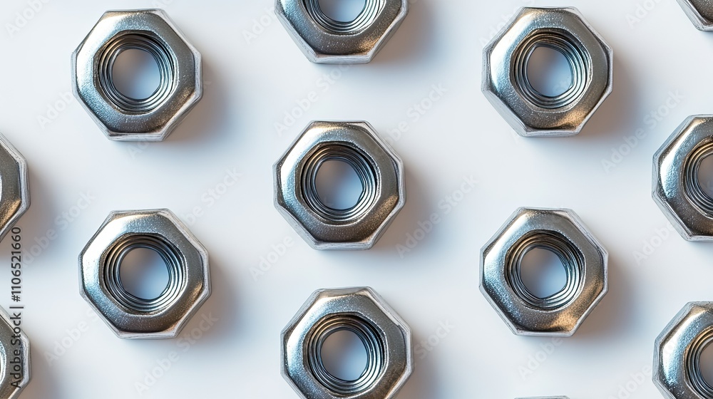 Poster metallic nuts arranged in geometric pattern on white background