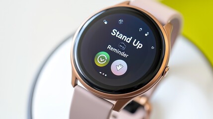 Close-up of a modern smartwatch displaying a reminder to 'Stand Up' with a soft pink strap.