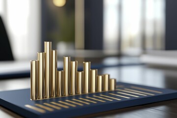 Fototapeta premium Investment growth chart, professional style, navy blue and gold, top view focus, with serene office space background.