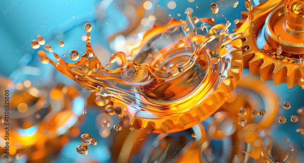 Poster colorful splash of orange liquid interacting with metallic gears, creating a dynamic visual represen