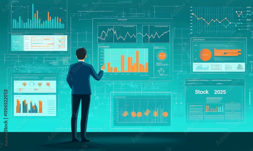 Poster business analytics investment finance report monitoring and planning with digital graphs and charts