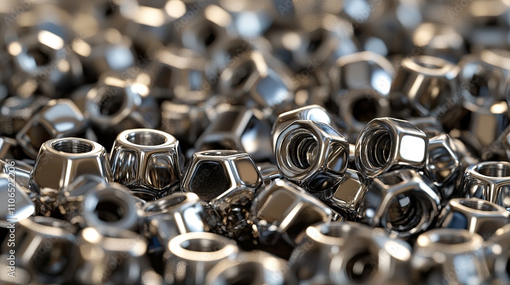 Poster close-up view of shiny metal nuts in a random pile
