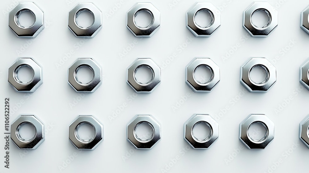 Poster close-up view of metallic nuts arranged in a perfect pattern