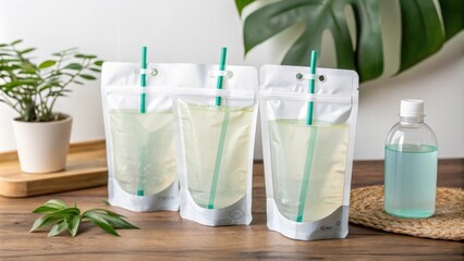 Biodegradable pouches filled with natural water offering a unique drinking experience.