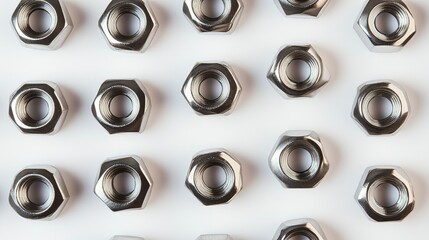 Close-Up View of Silver Metal Nuts Arranged on White Background