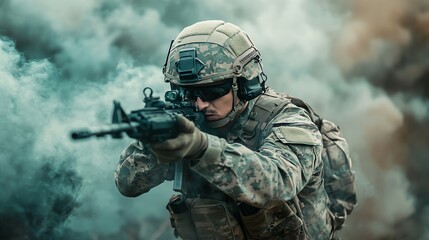 Fototapeta premium A soldier in full military gear aims a rifle at a target, amidst smoke.